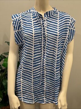 Skemo Sleeveless Blue and White Chevron-Stripe Top with Beading